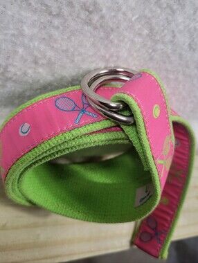 Douglas Paquette Pink Lime Green Tennis Racket Ribbon D-Ring Web Belt Size Large